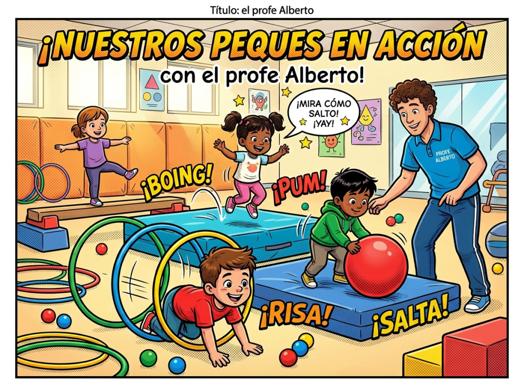Children playing and jumping in a gym with teacher Profe Alberto