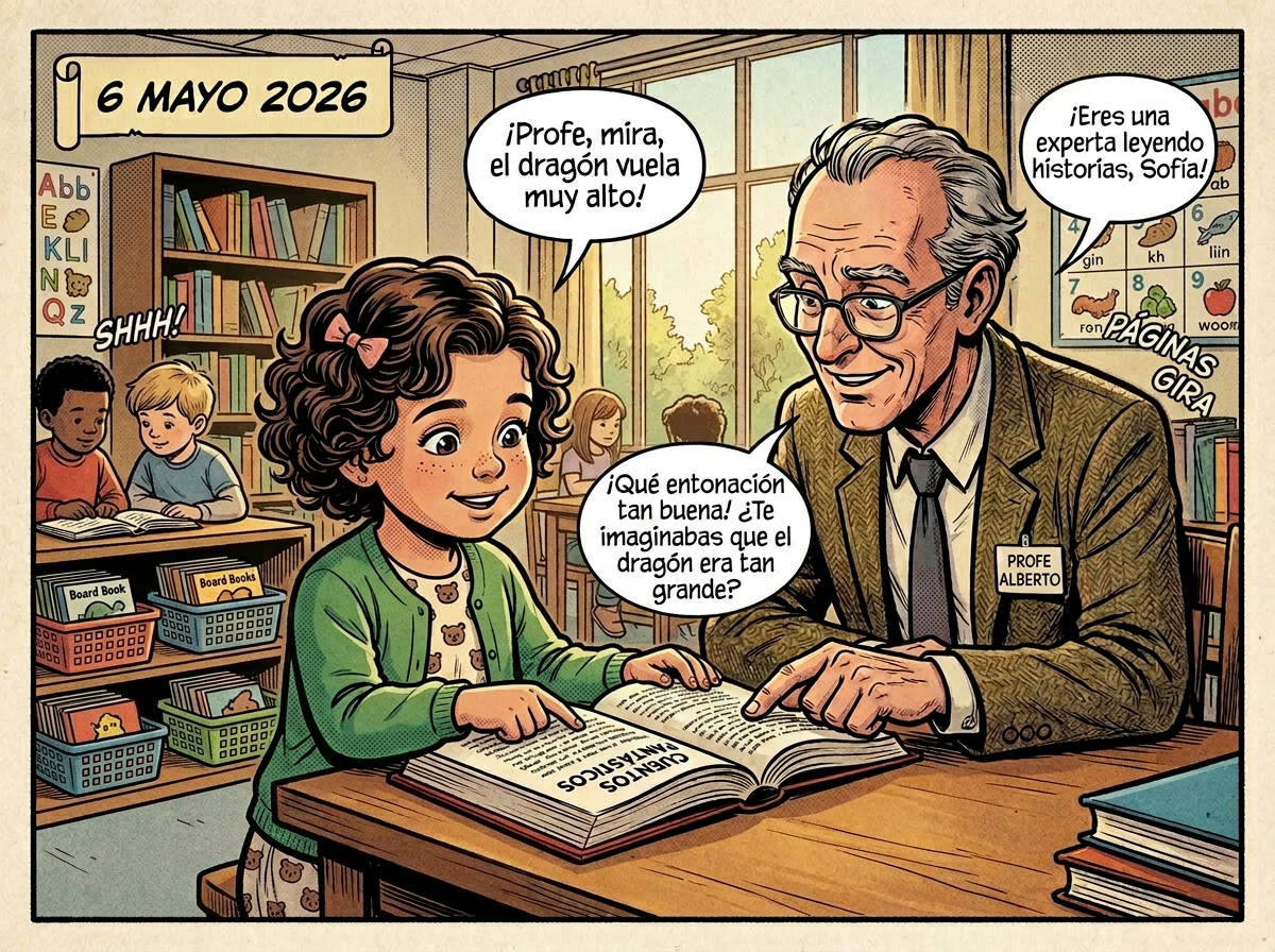 Young girl reading a book with encouragement from an older male teacher in a library