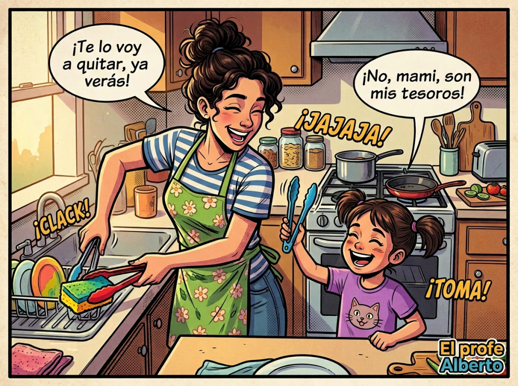 Mother and daughter playing with kitchen tongs in a cheerful kitchen scene