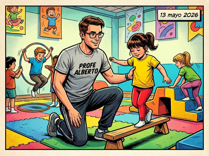 Teacher in gray shirt labeled 'Profesor Psicomotricidad' guiding children through motor skill activities in a playroom