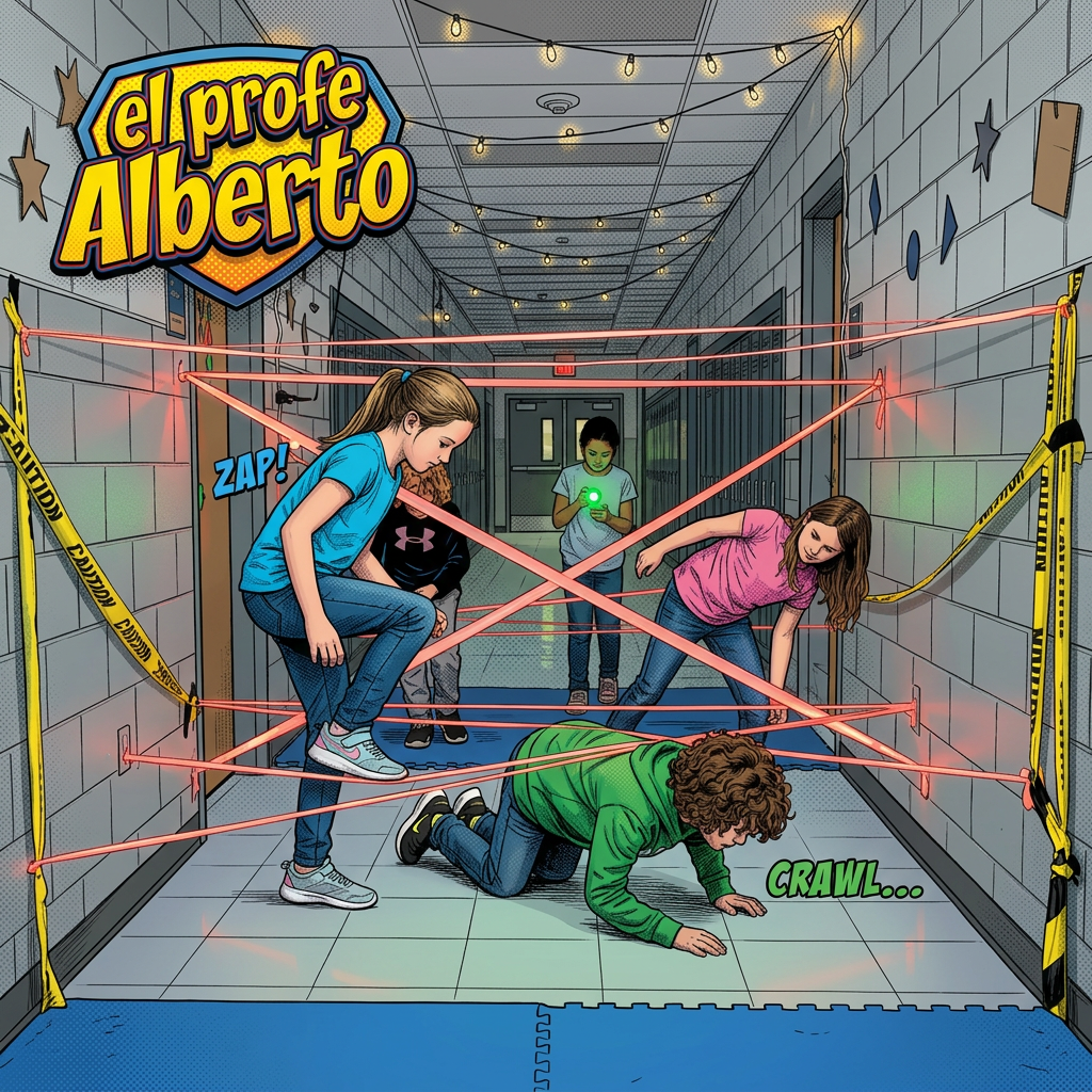 Children crawling and stepping through crisscrossed red ropes in a hallway obstacle course