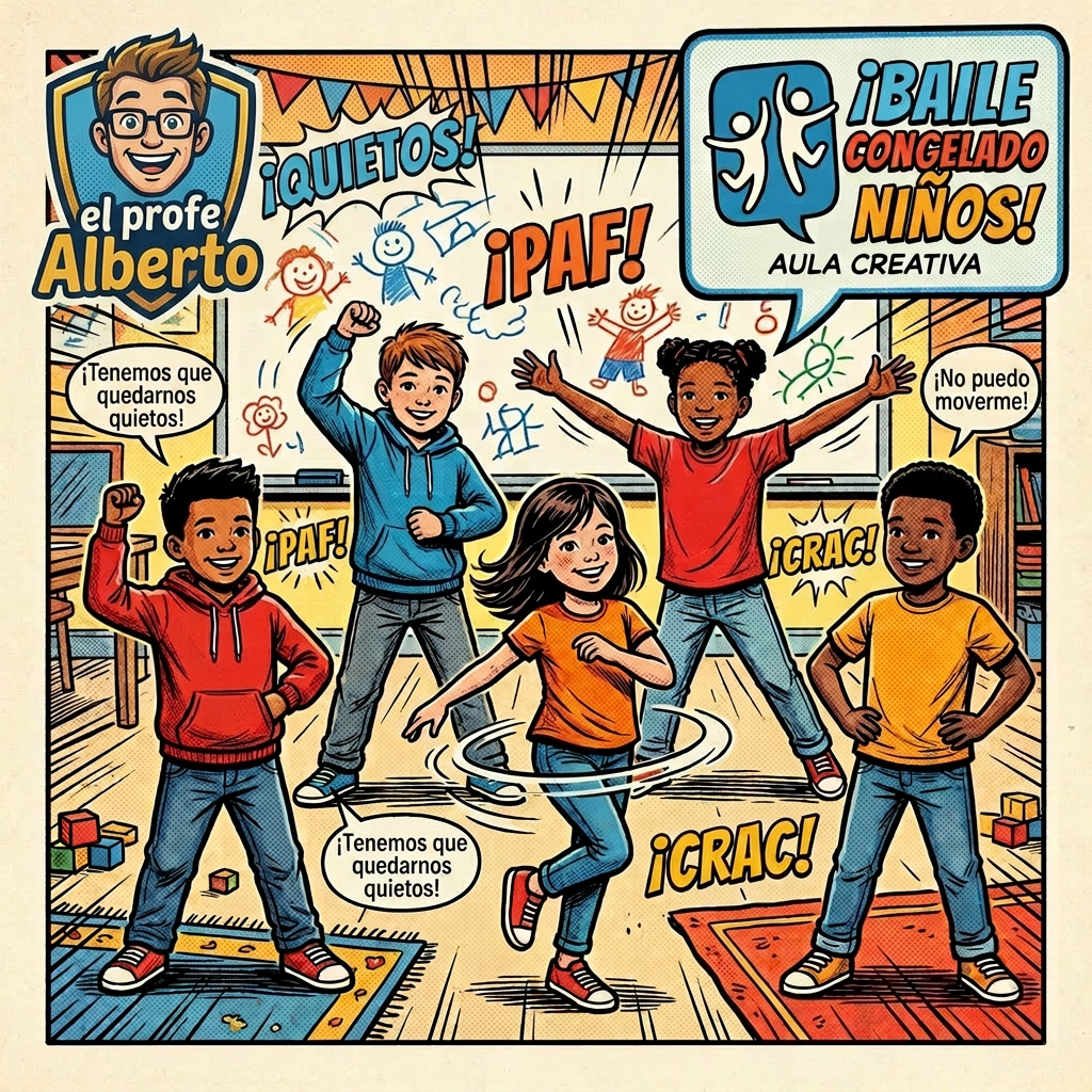 Five children playing freeze dance in a classroom with speech bubbles saying 'We have to hold still!' and 'I can't move!'