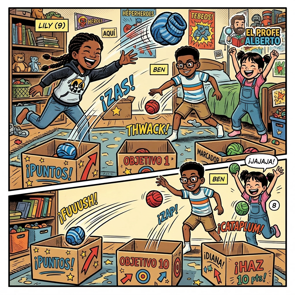 Three children playing an indoor ball toss game aiming for boxes labeled points, target, and score
