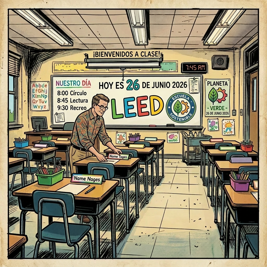 Classroom with chairs on desks and a whiteboard displaying LEED green building initiatives
